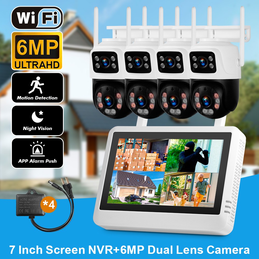 7'' Monitor NVR 6MP Wireless Home Security Camera System Solar Wifi IP Cameras