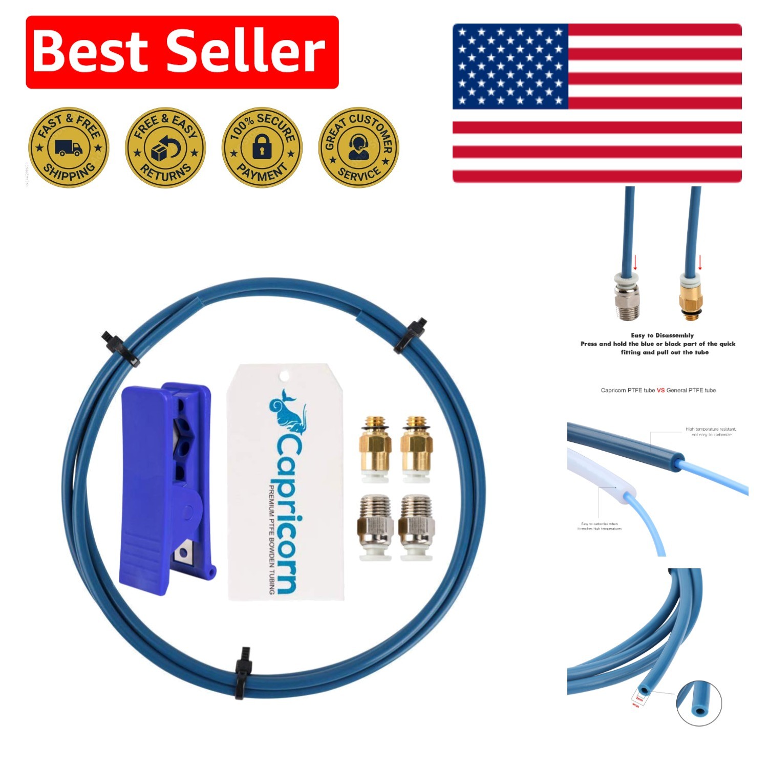 Capricorn Bowden PTFE Tubing 1M XS Series 1.75MM Filament with 2X PC4-M6 & 2X...