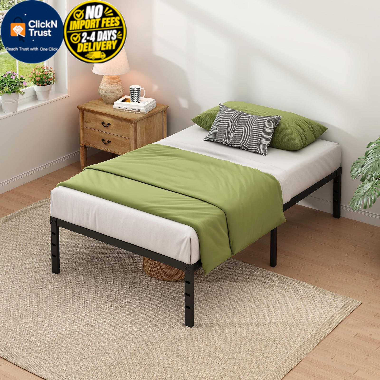 NEW JETO Metal Bed Frame,Twin Size Frame with Storage Twin, Black