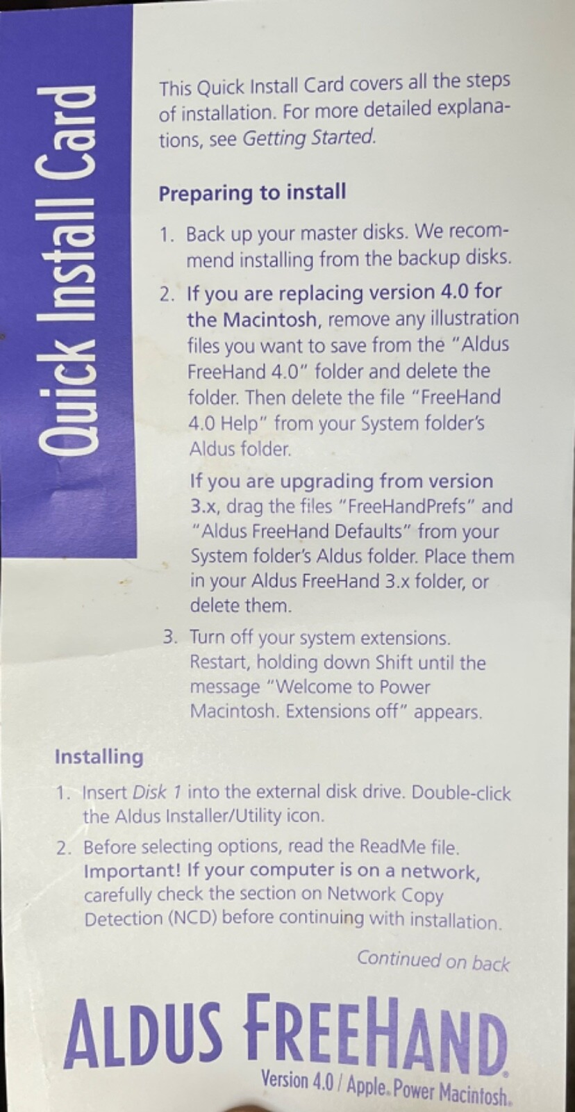Aldus FreeHand 4.0 for Power Macintosh • Includes a "Quick Startup Guide" • 1994