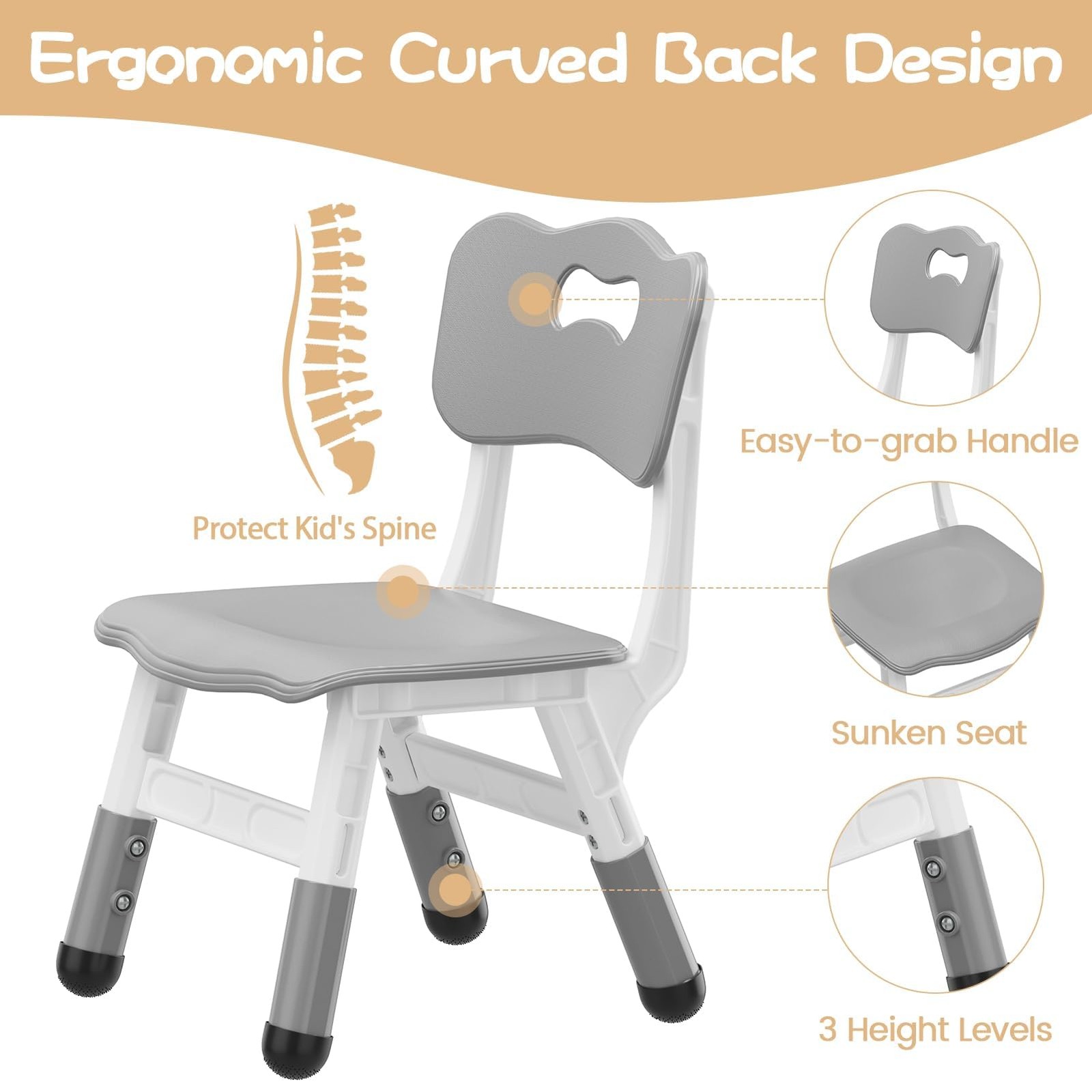 2-Pack Height Adjustable Kids Chairs&Ergonomic Backrest,Non-Slip Feet,Stackable
