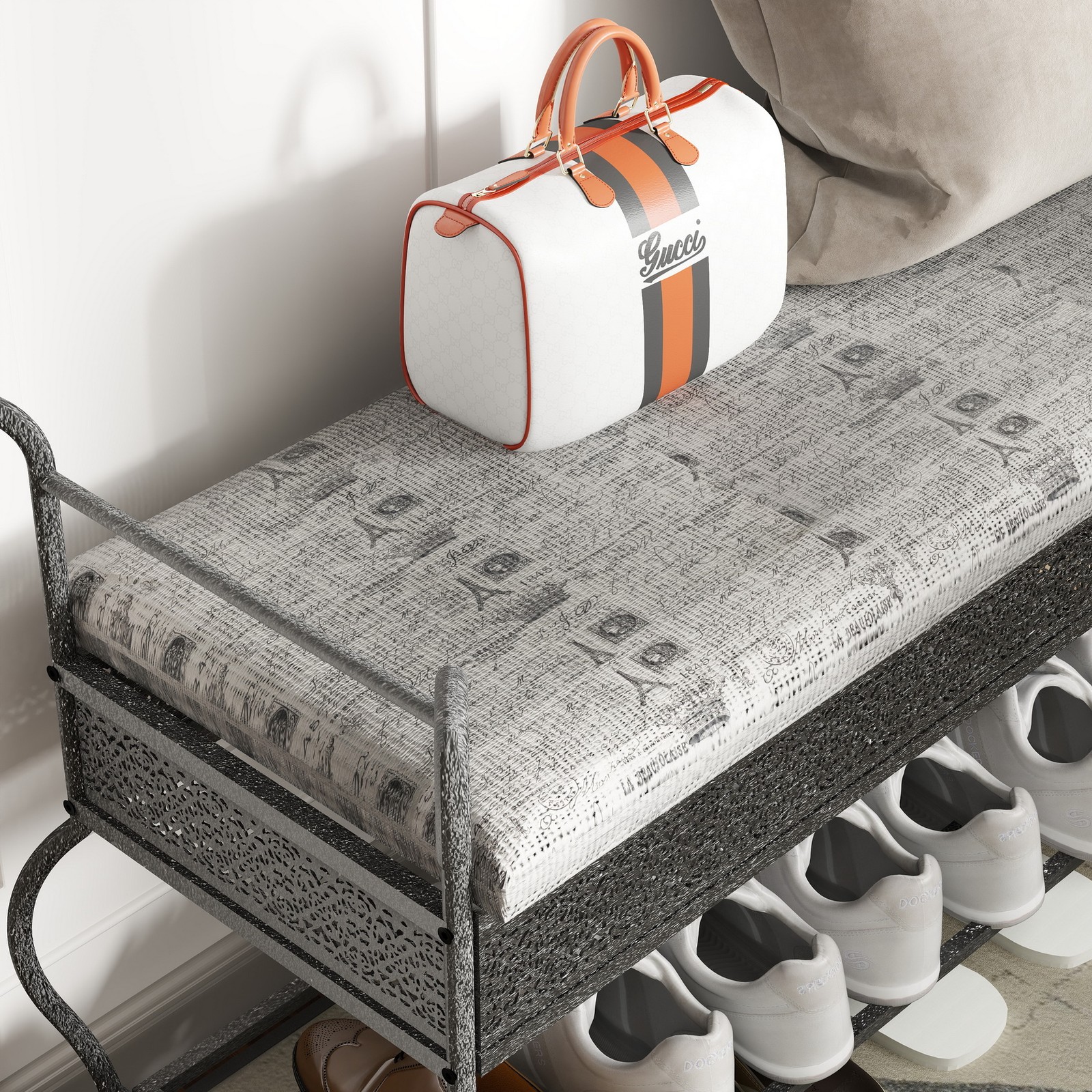 Upholstered Hallway Entryway Shoe Rack Bench Bedroom Bench Stool Iron Frame