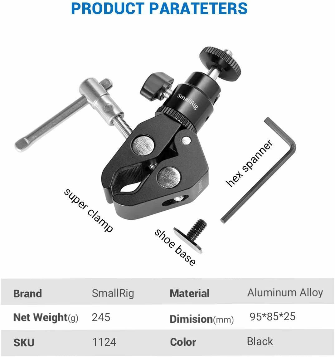 SmallRig Super Clamp Mount Adjustable Camera Mount Clamp w/ 1/4" Screw Ball Head