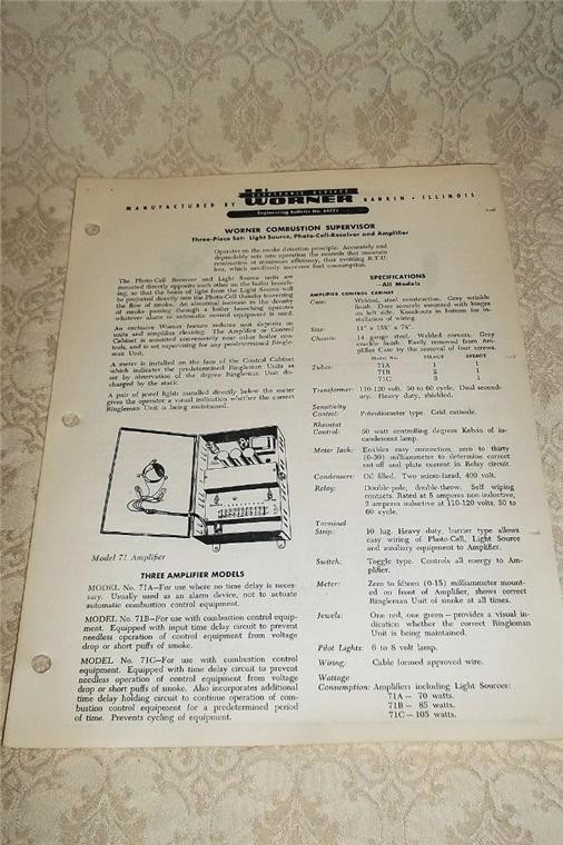 1950s WORNER ELECTRONIC DEVICES COMBUSTION SUPERVISOR ENGINEERING BULLETIN SHEET