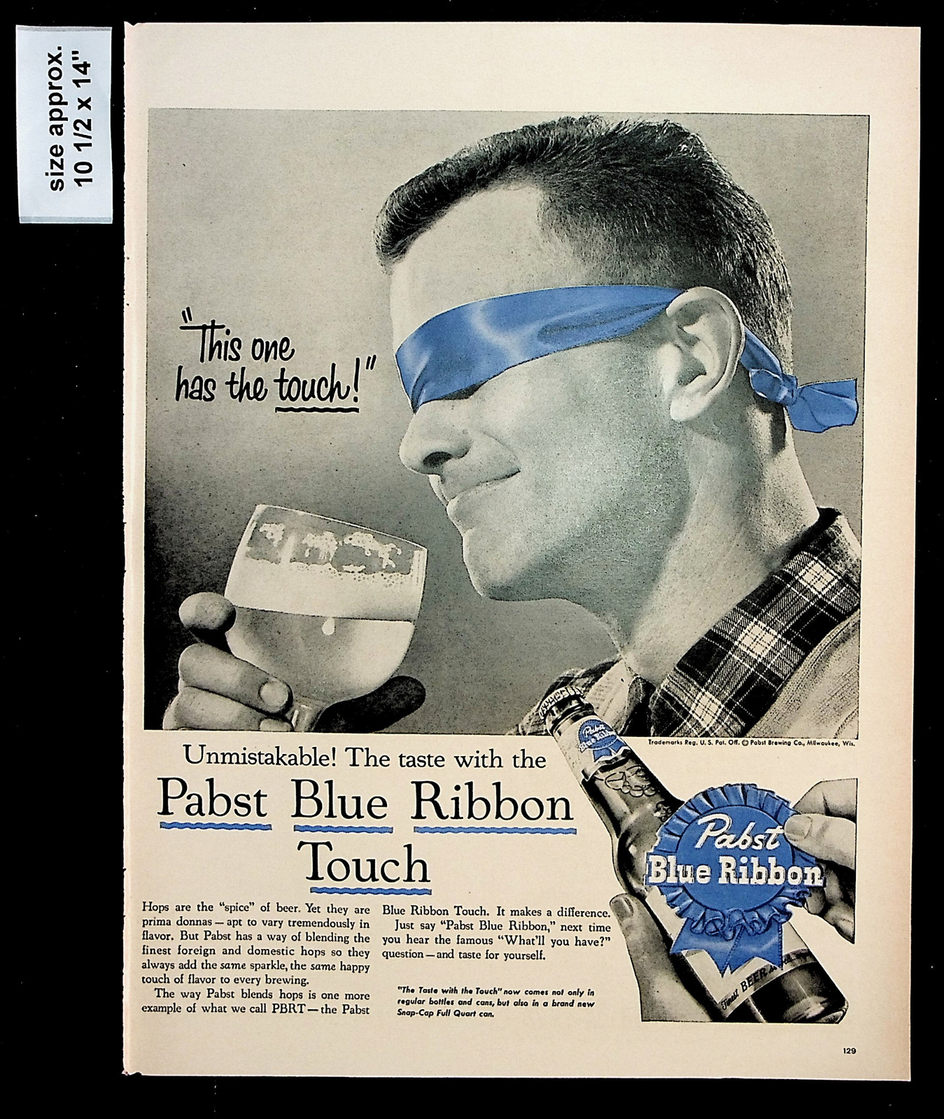 1956 Pabst Blue Ribbon Touch Beer Man Blindfolding Vintage Print Ad 36608