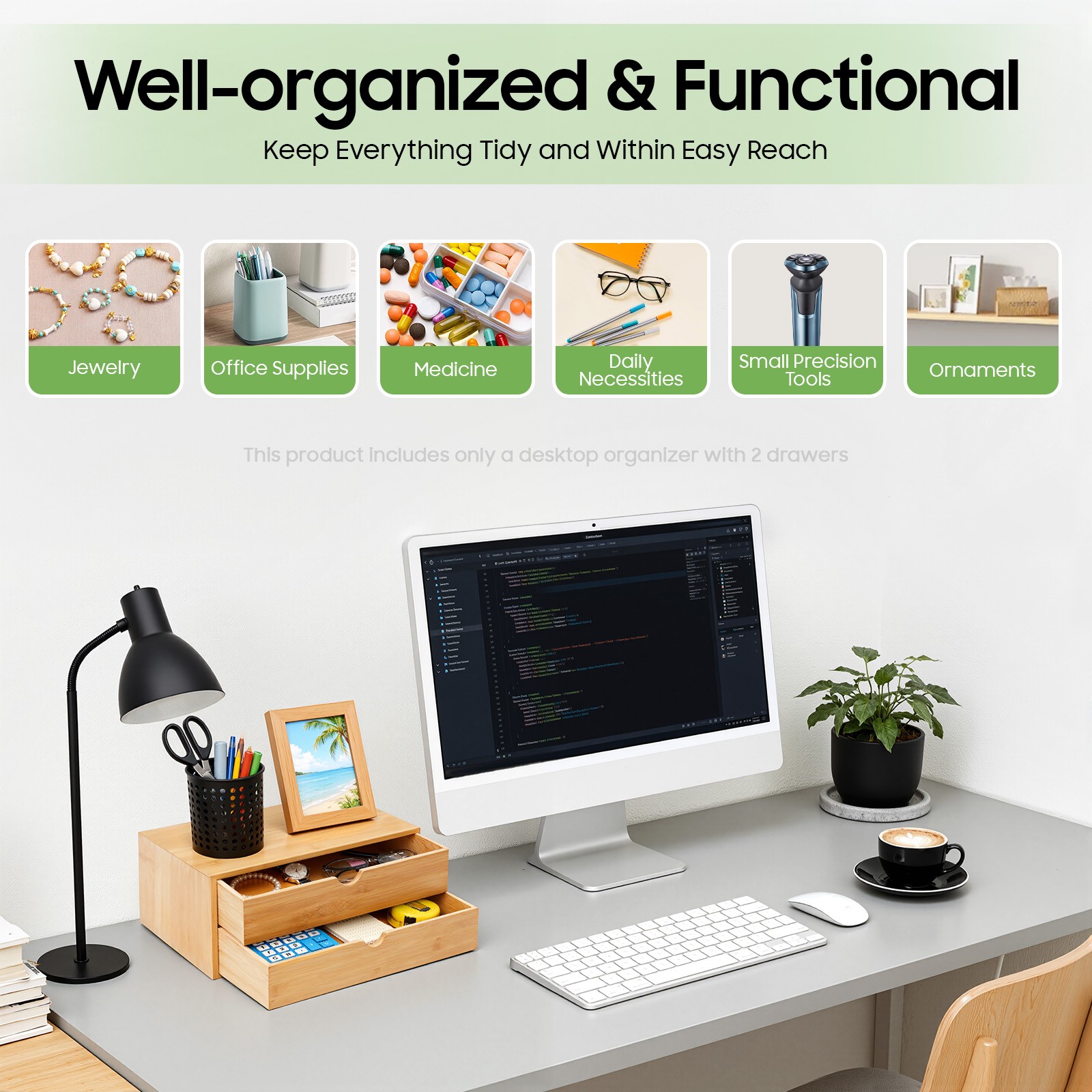 Small Bamboo Organizer for Desk, Tabletop Storage Organization Box with 2 Drawer