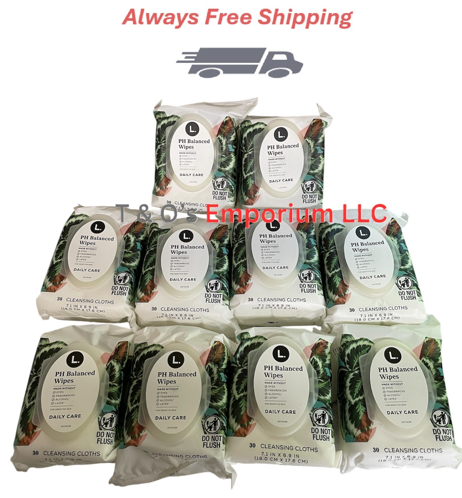 10 Pack of  L. pH Balanced Wipes - Fragrance Free, 30 ct each (300 total ct)