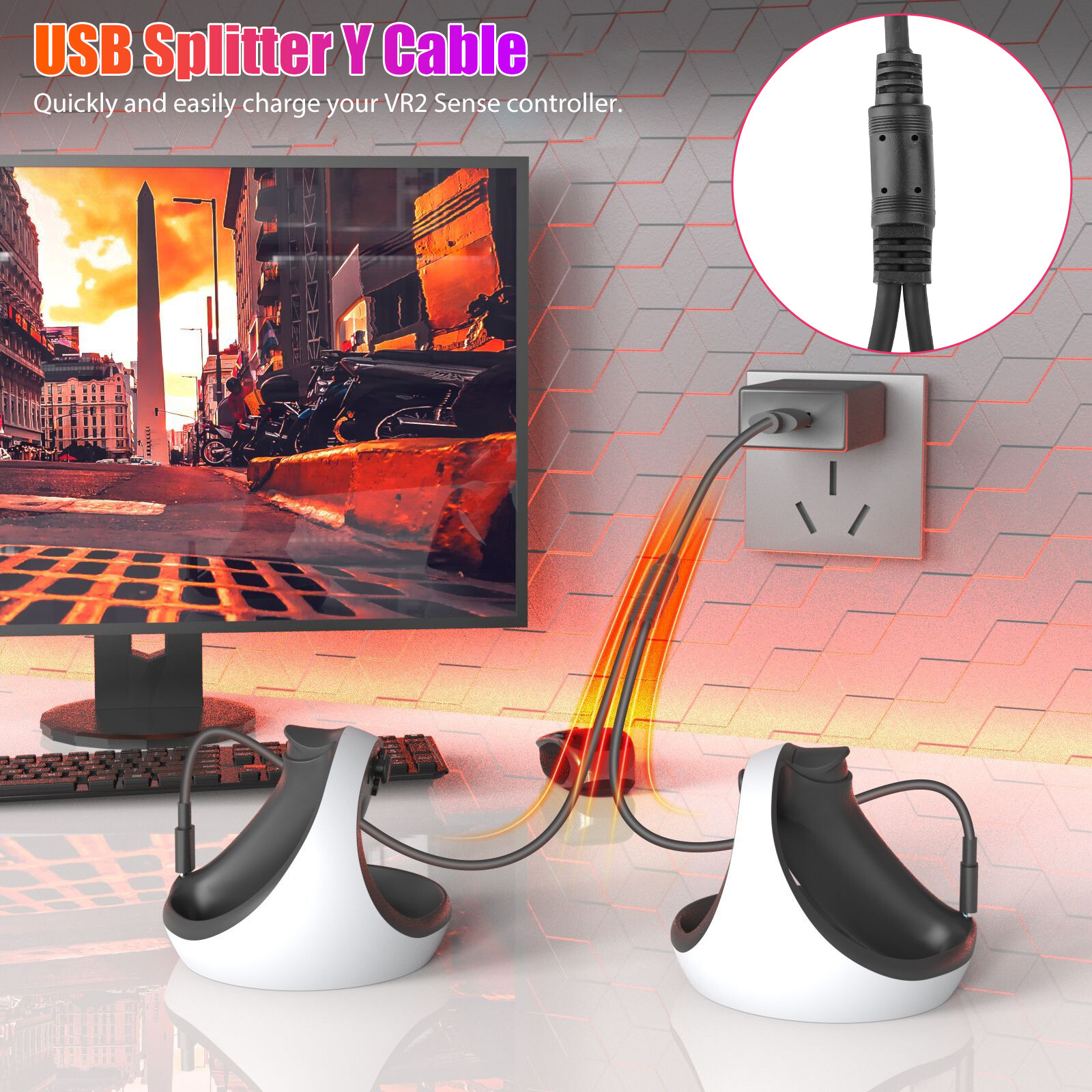 2in1 Gaming Headset Hanger for PSVR2 PS5 Controller Accessories w/Charging Cable