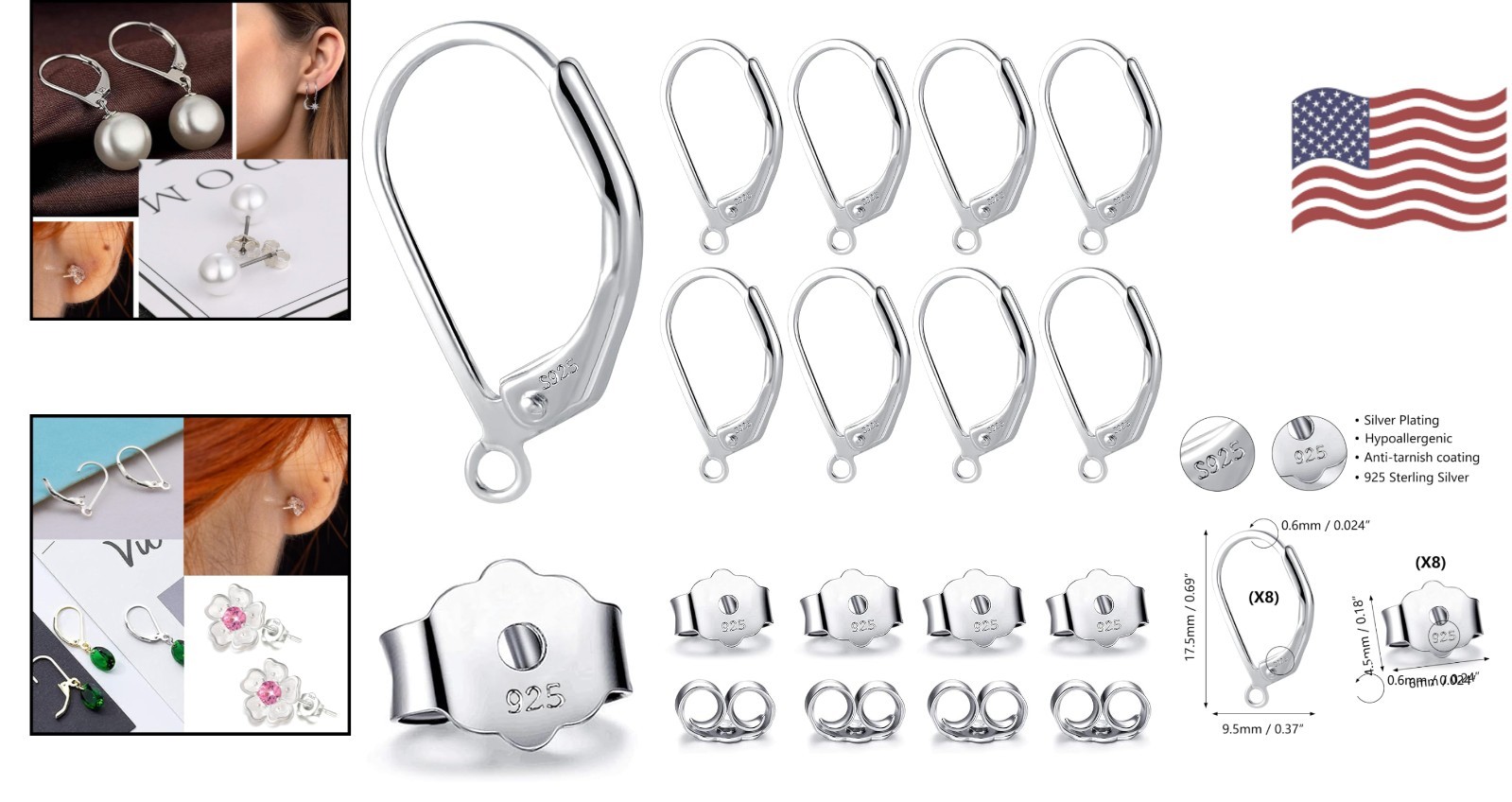 Elegant 16pcs Sterling Silver Dangle Hooks - Safe Hypoallergenic Earring Support