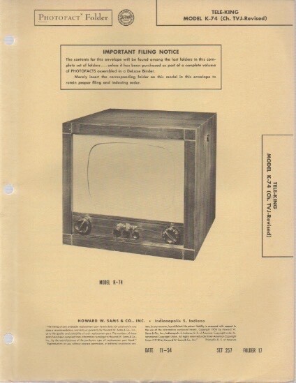 1954 TELE-KING K-74 TV TELEVISION SERVICE MANUAL PHOTOFACT revised SCHEMATIC FIX