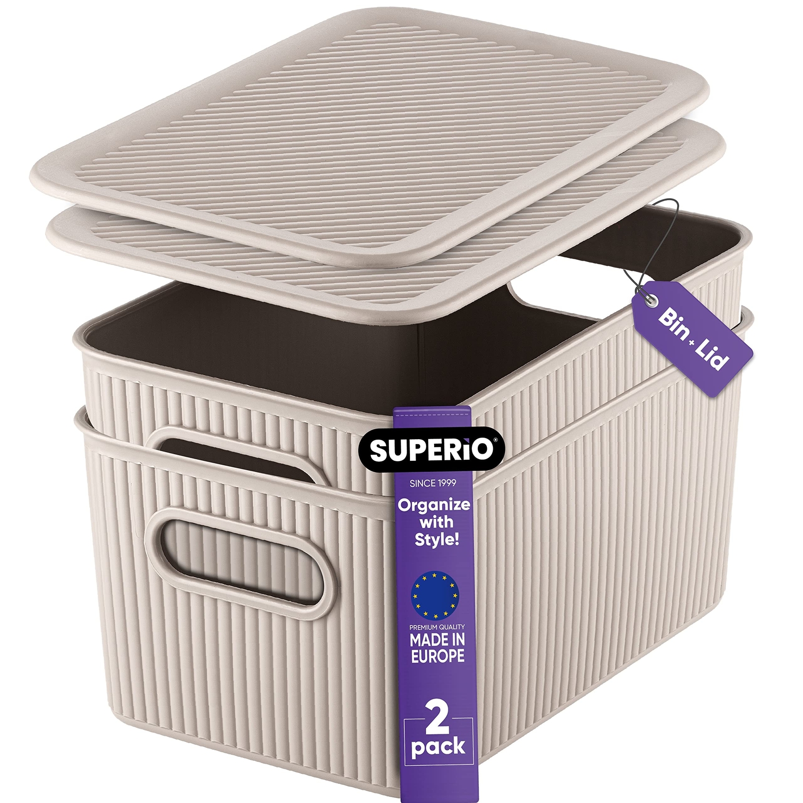 Superio Ribbed Plastic Lidded Storage Bin, Medium Taupe (2 Pack, 5 Liter)