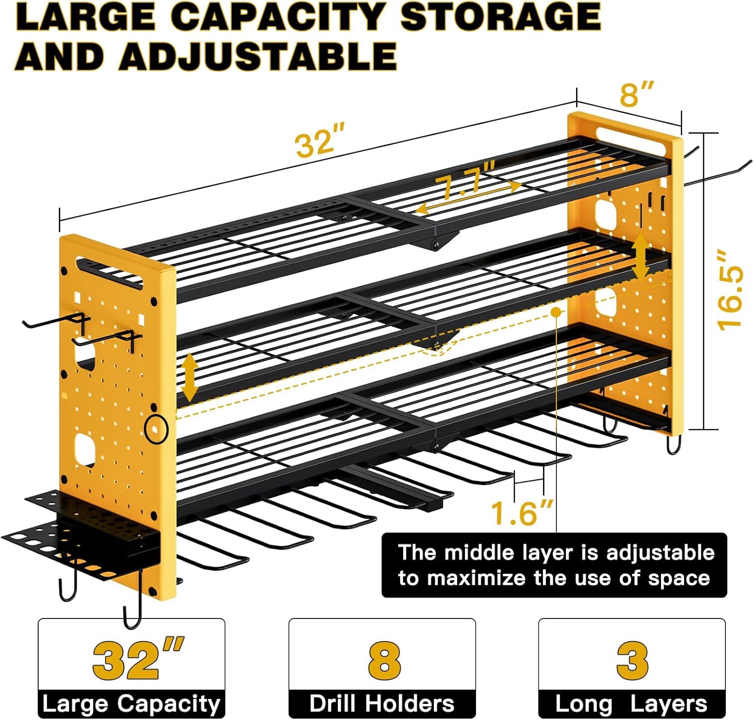 Wall Mounted Power Tool Organizer,4-Tier Tool Rack with 8 Drill Holders (Yellow)