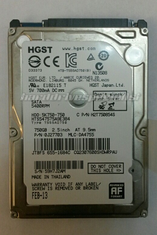 HGST HTS547575A9E384 750GB SATA 5400RPM Laptop Drive P/N:0J27703 MLC:DA4755