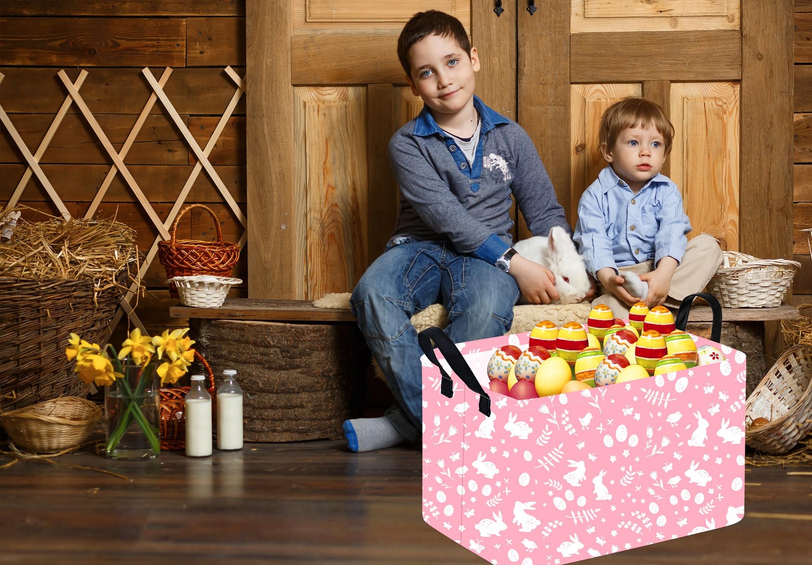 VAIVUSTO Easter Storage Basket Easter Bunny Storage Bin Collapsible Nursery H...
