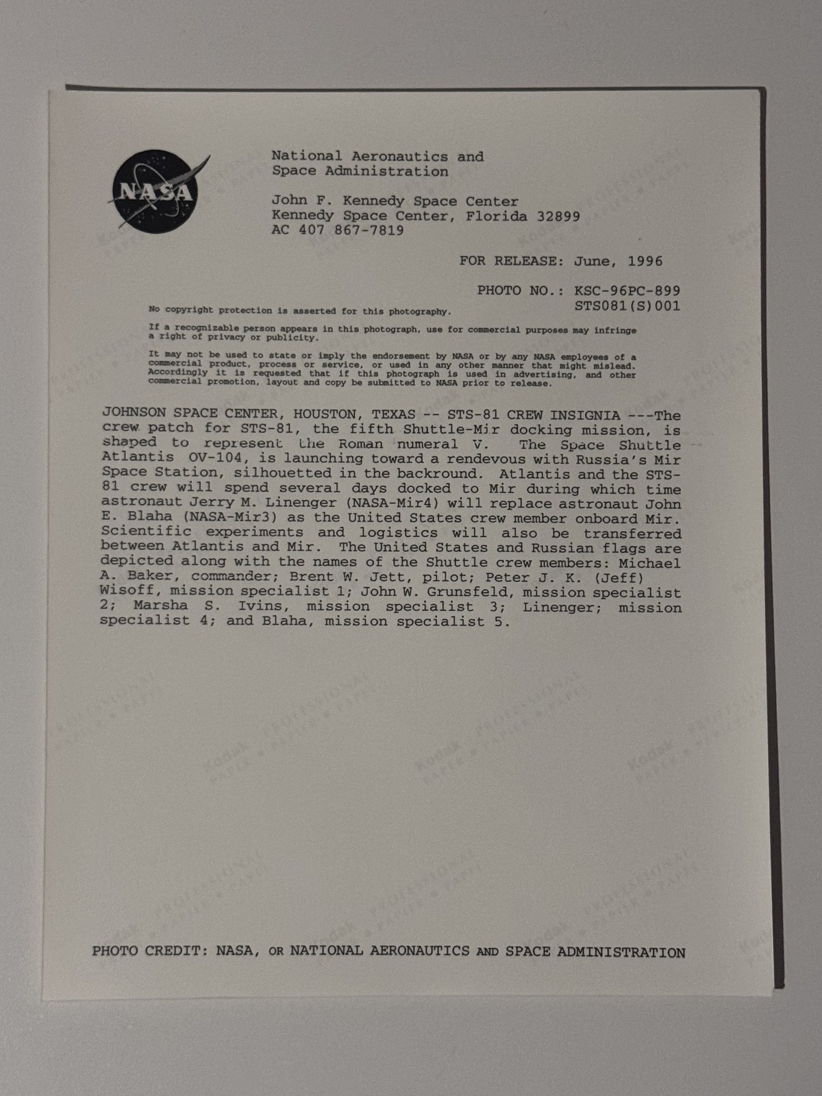 NASA STS-81 Mission Patch Artwork Press Photo