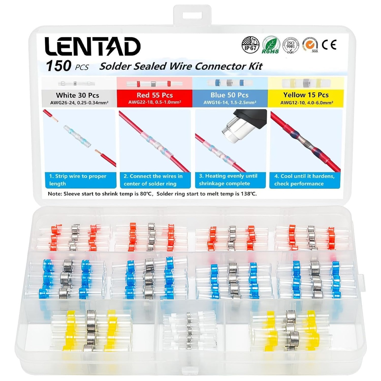 150 pcs Solder Seal Wire Connectors Kit Waterproof Heat Shrink Butt Connectors