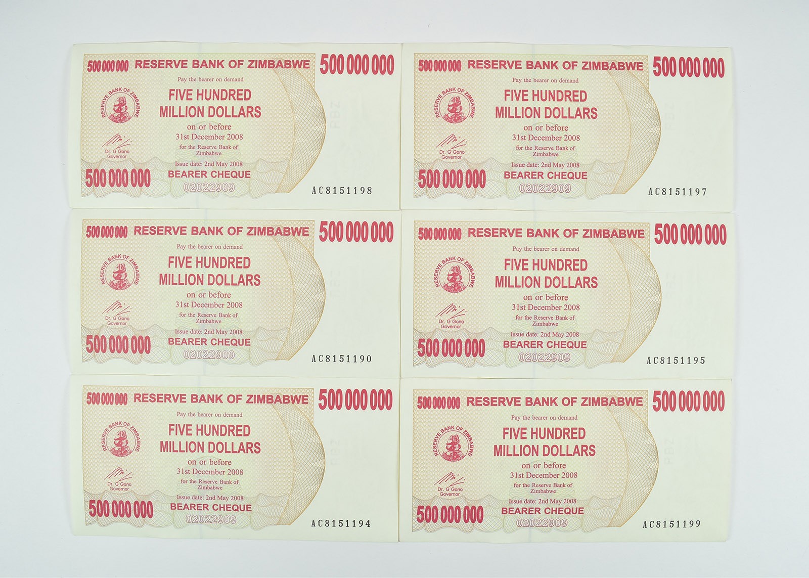 2008 Zimbabwe 500 Million Dollars Bearer Cheque