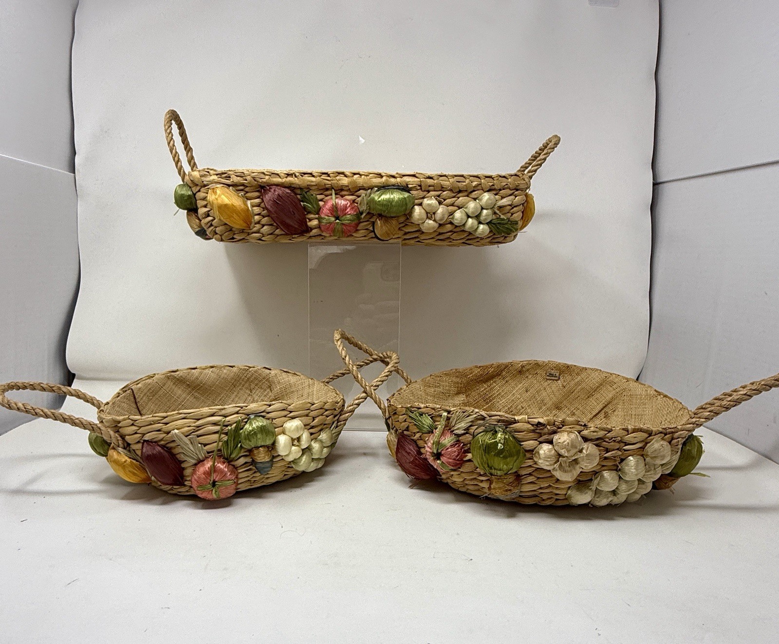 Set of 3 Handwoven Raffia Floral Baskets w Handles Made in Philippines