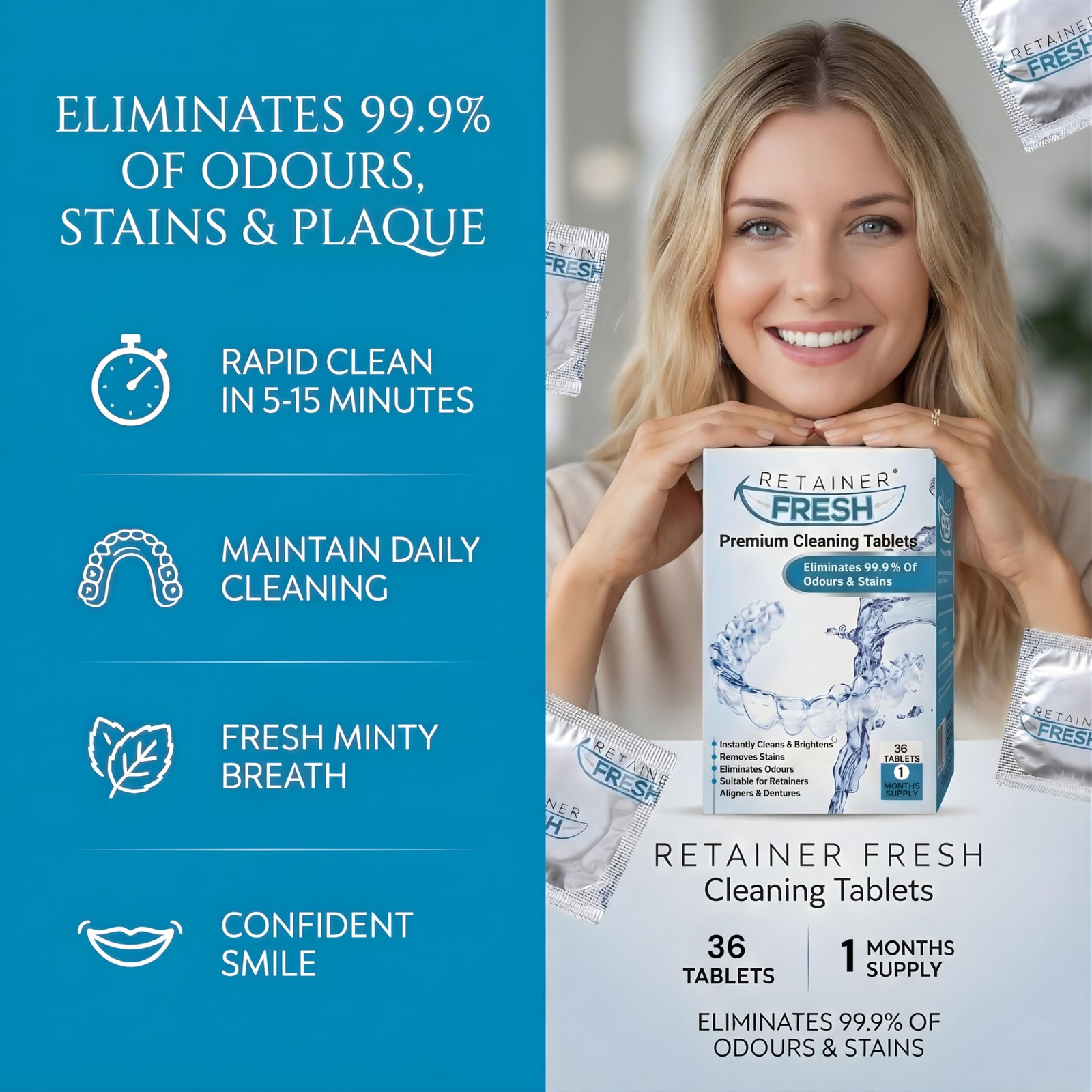 Retainer Fresh Cleaner Tablets - Denture Cleaner, 36 Tablets, White