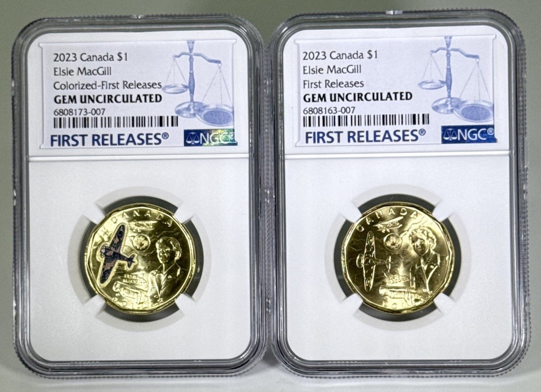 2023 $1 CANADA NGC GEM UNC LOONIE ELSIE MACGILL DOLLAR MATCHED 2-COIN SET - FR