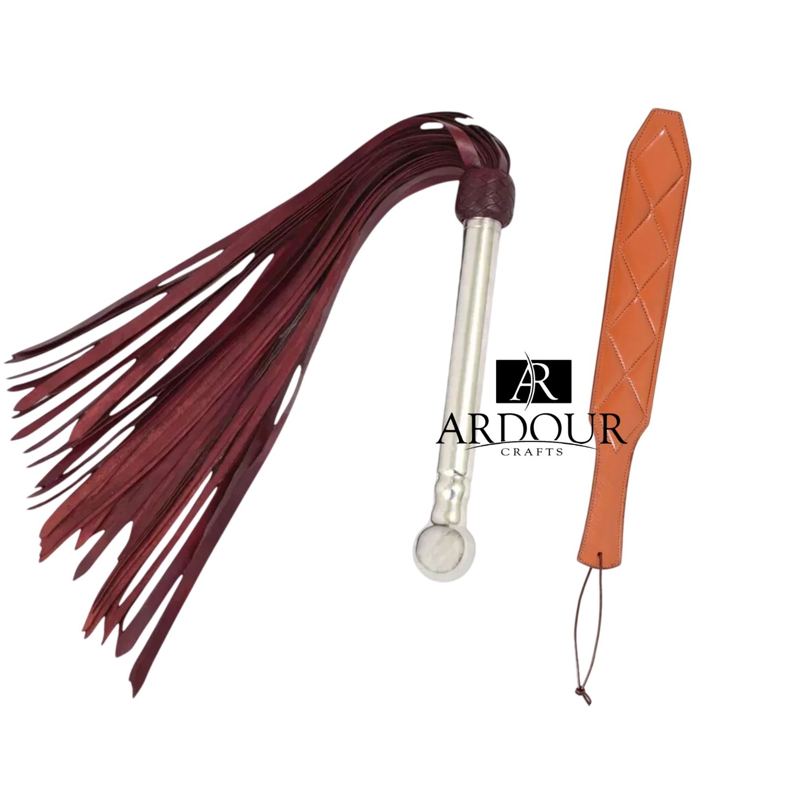 Genuine BDSM Leather Role Play Paddle & 50-Tail BDSM Leather Flogger Set – 2 Pac