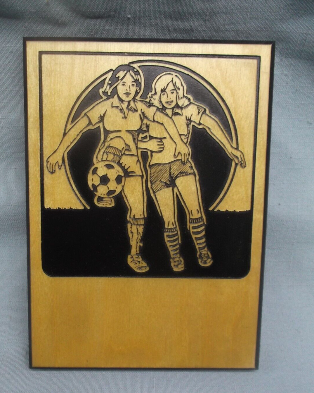 female soccer etched plaque 5 x 7 solid wood board black gloss trophy award