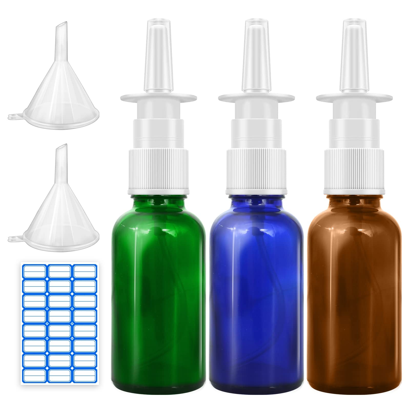 3 Pack 30ml Glass Nasal Spray Atomizers Amber Cobalt Blue Green Refillable