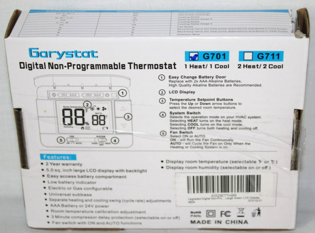 Garystat Single Stage Digital Non-Programable Thermostat G701 LCD Open Box #14