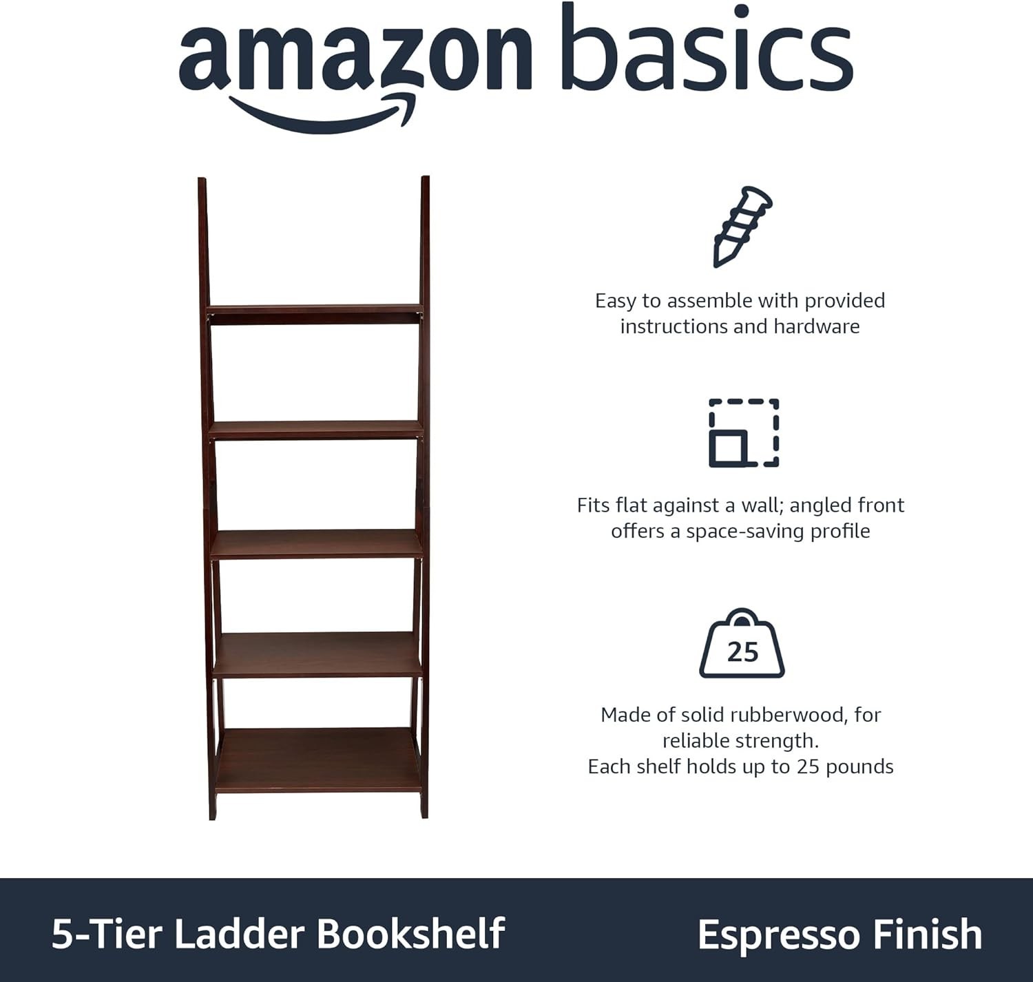 5-Tier Ladder Bookshelf Storage Organizer Tall Bookcase Small Space Solid
