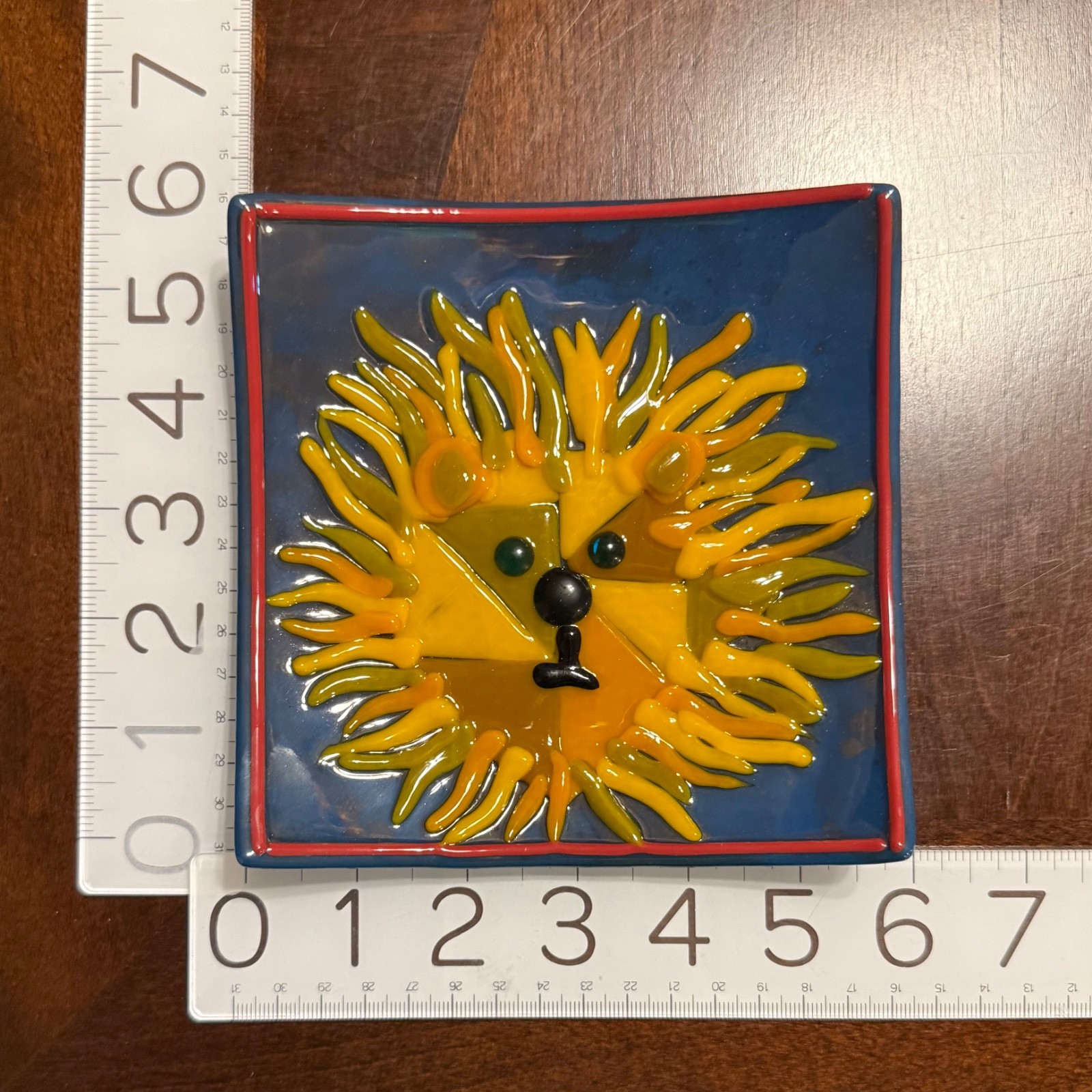 Fused glass plate with painted lion - 6x6 inches - HANDMADE