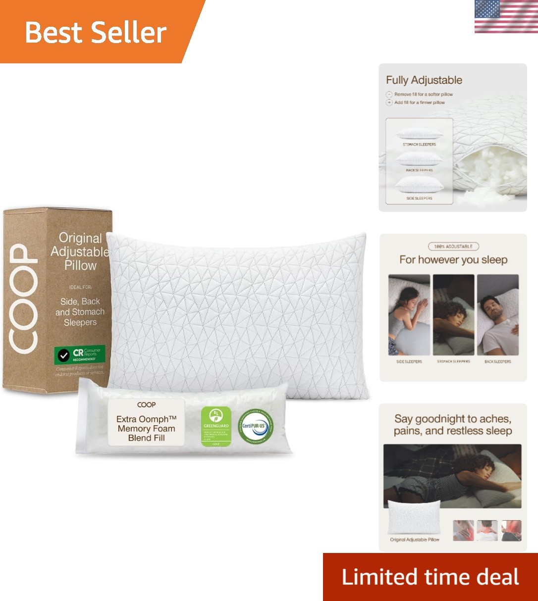 King Size Adjustable Pillow - CertiPUR Certified for Health & Comfort