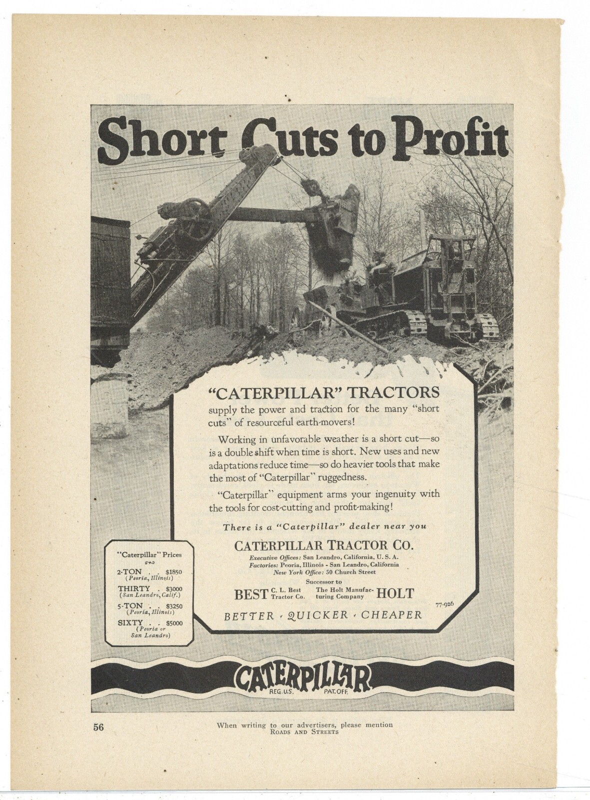 1926 Caterpillar Tractor Ad: Short Cuts to Profit!  Better, Quicker, Cheaper!