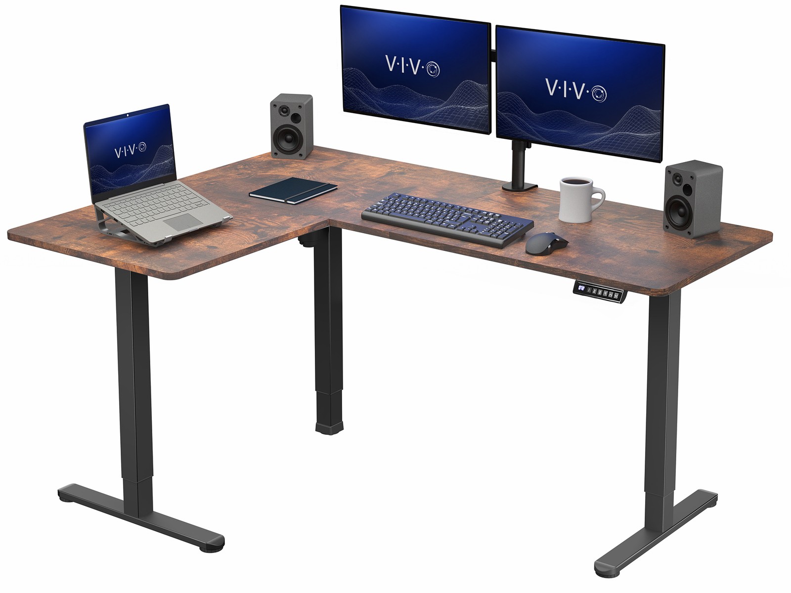 VIVO Vintage Brown / Black Electric 63" x 47" Corner Standing Desk