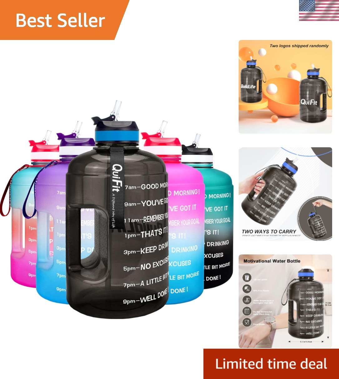 Motivational 128oz BPA-Free Gallon Water Bottle - Time Marker & Straw Included
