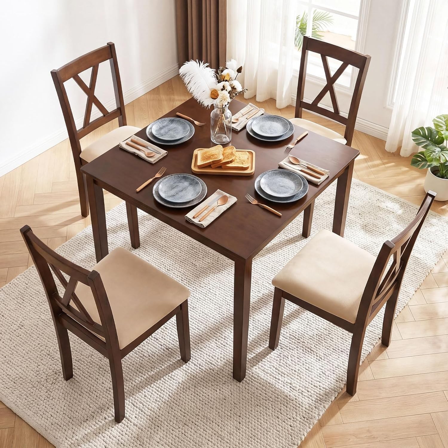 Dining Table for 4, 35.5" Square Kitchen Table with Solid Rubber Wood Legs,