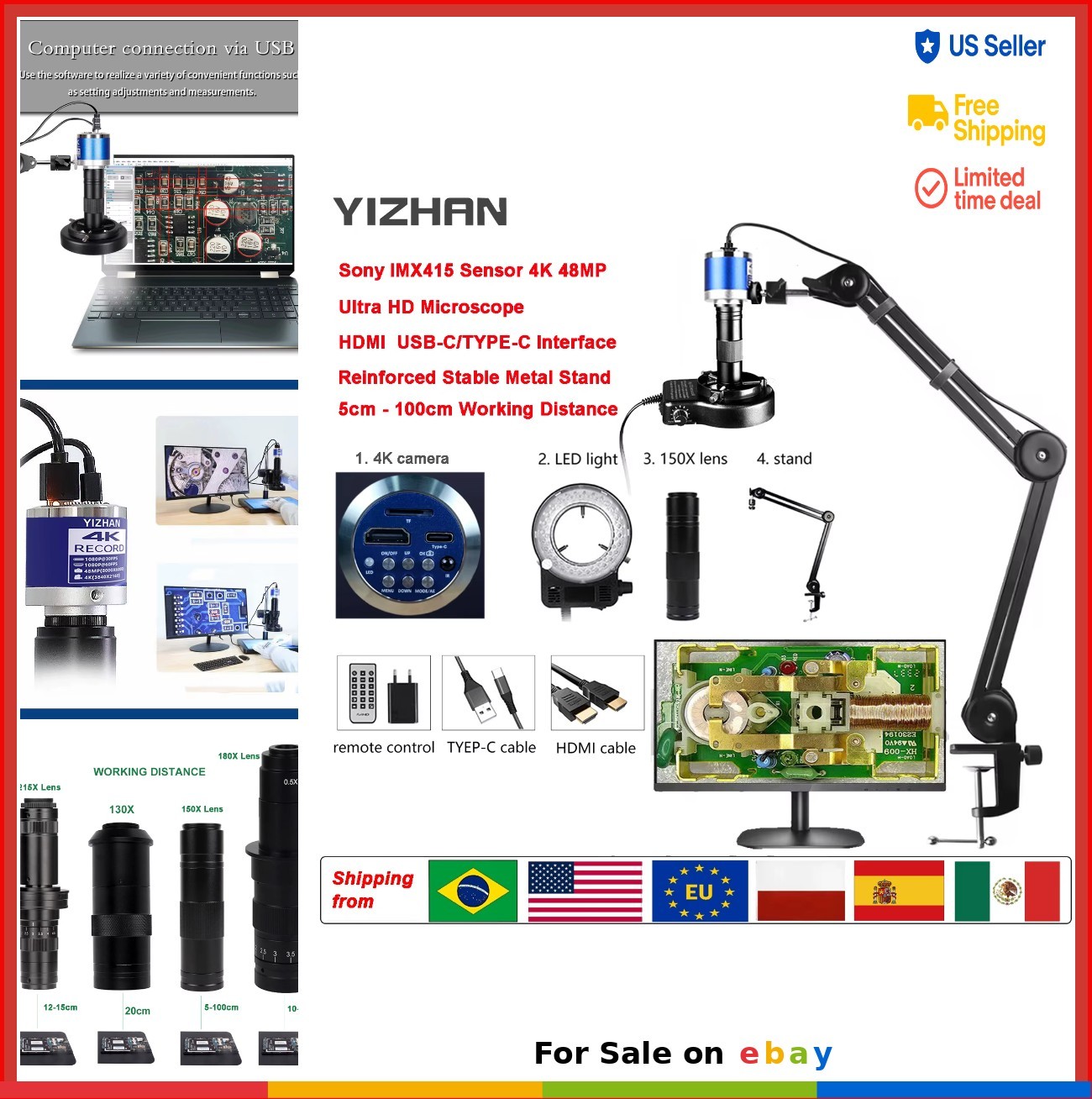 Digital Microscope 4K HDMI USB Soldering Repair Monocular