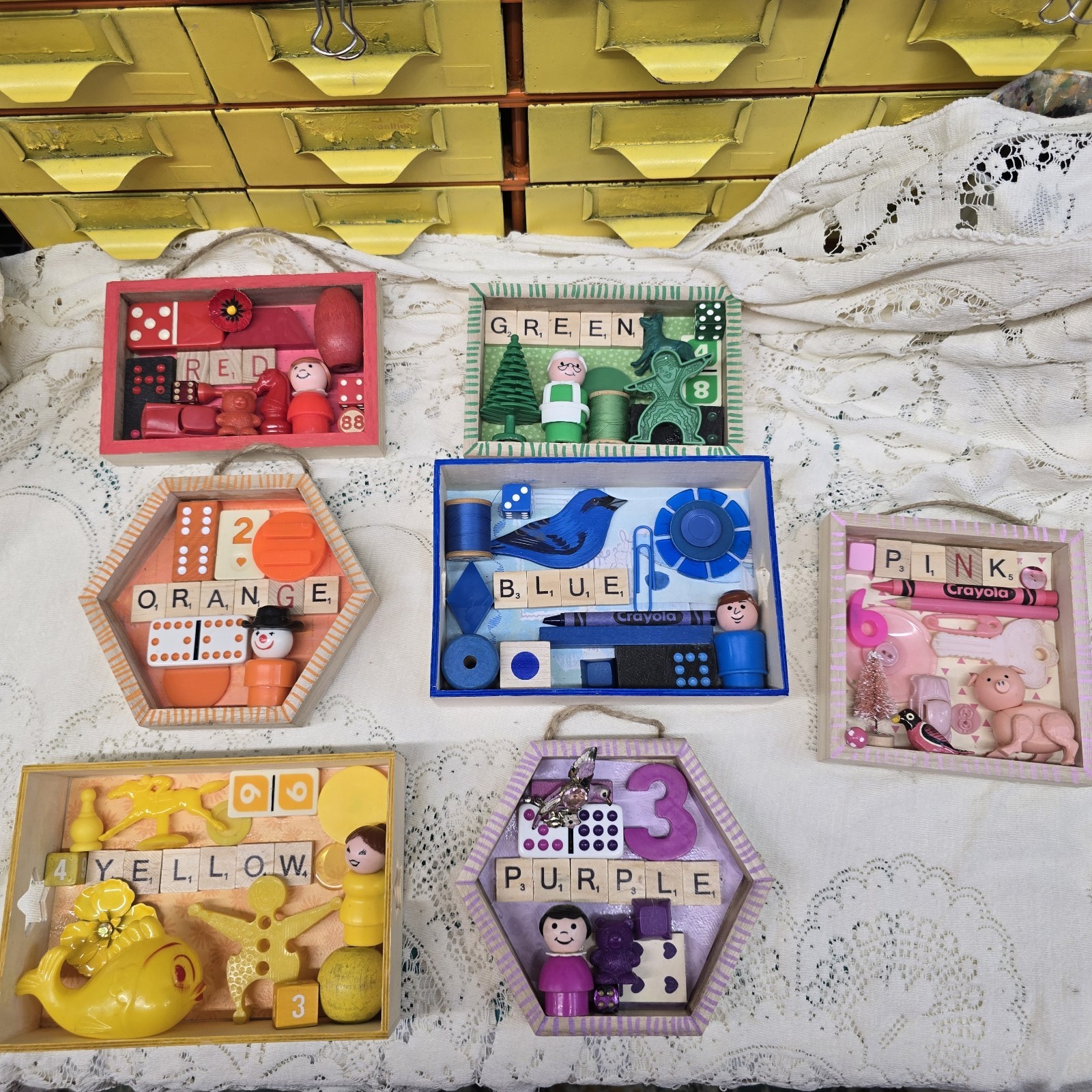Upcycled Color Shadow Box Assemblage Nursery Art Rainbow + Pink
