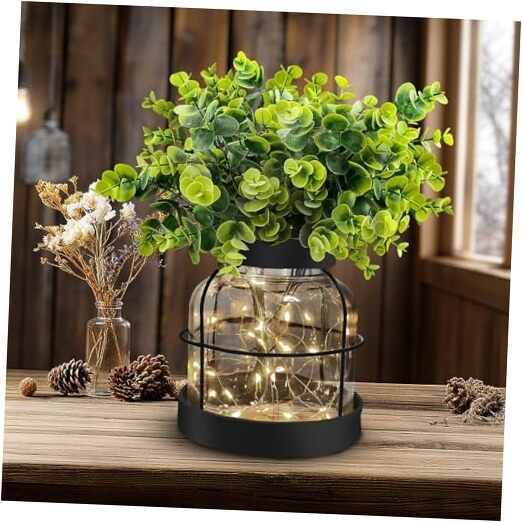 Rustic Farmhouse Glass Vases with Green Artificial Eucalyptus Plants & Black