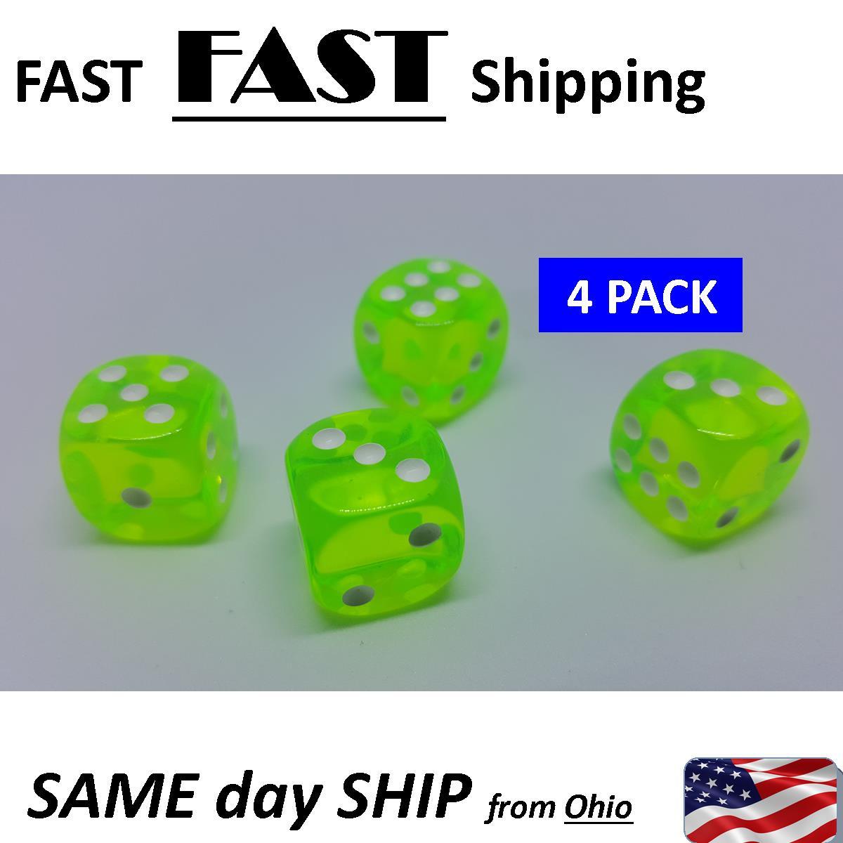 See through bright green dice (4) game dice replacement - "dice"