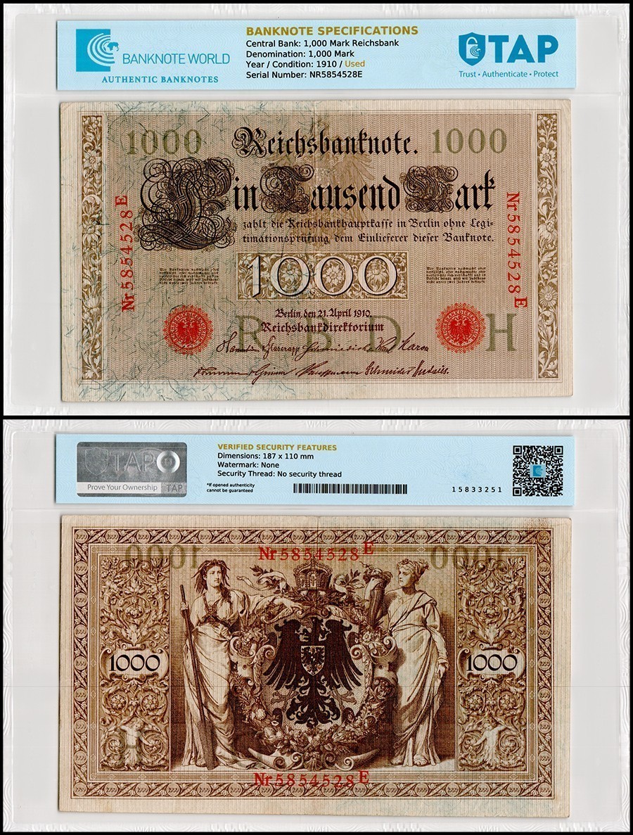Germany 1000 Mark, 1910, P-44, Used, TAP Authenticated