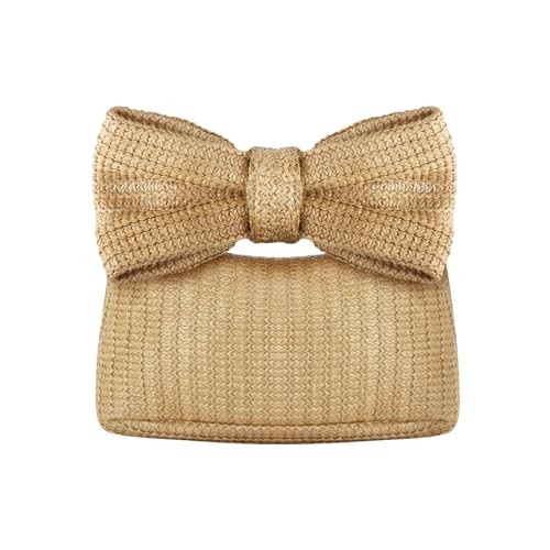 Ynport Bolsos de mano de paja con lazo para mujer, bolsos de ratán Caqui
