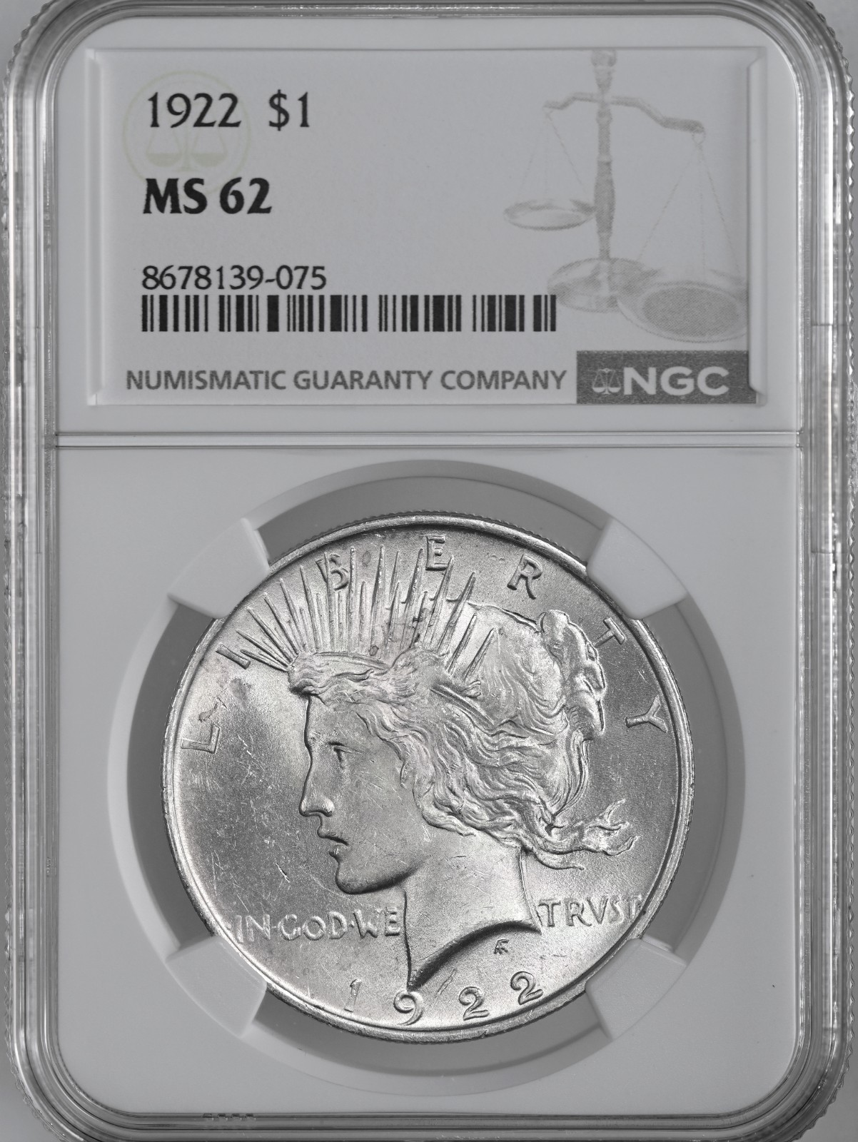 1922-P  $1 PEACE SILVER DOLLAR  "PHILADELPHIA MINT"  NGC MS62 #8678139-075