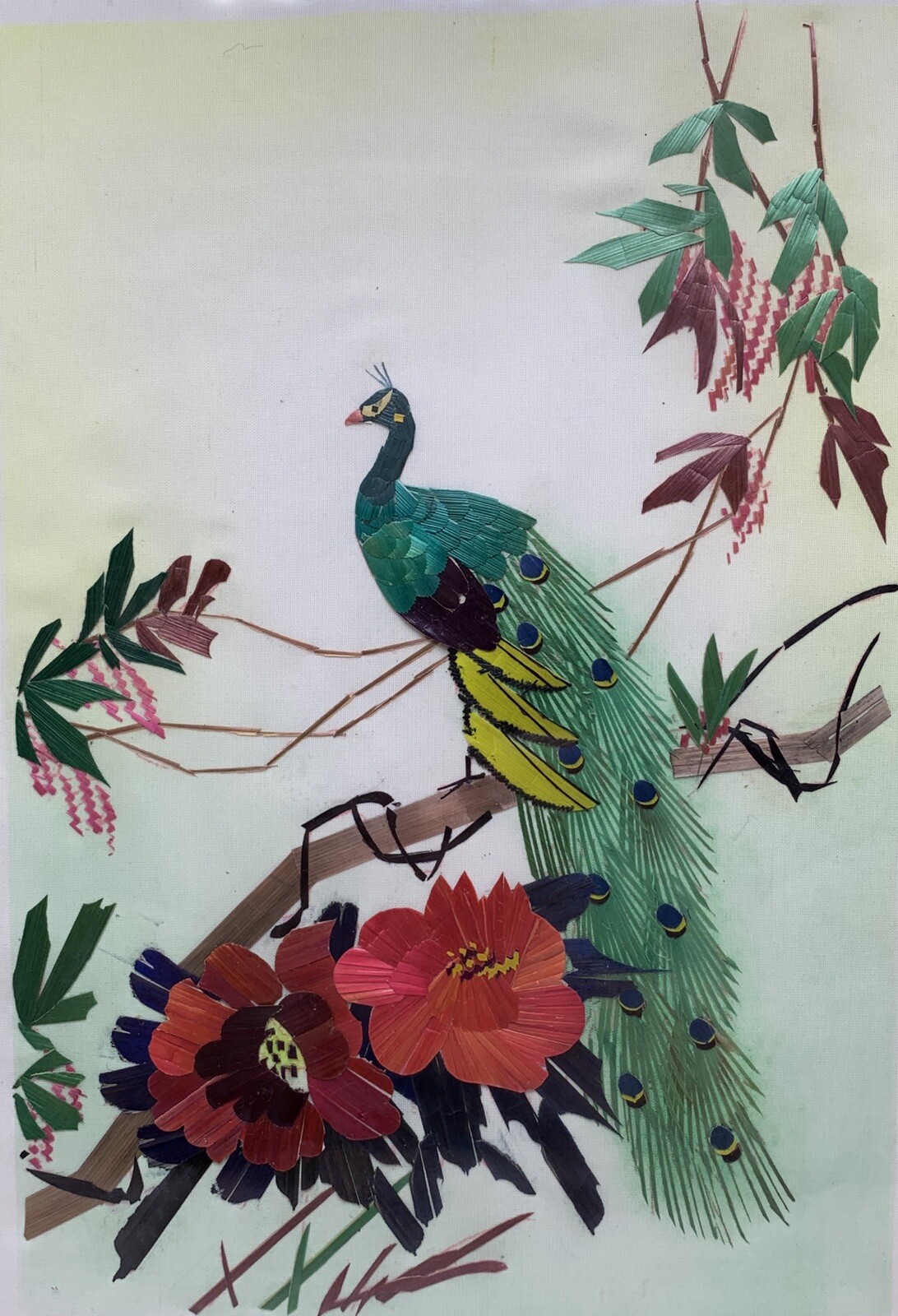 Vintage Oriential Mixed Media Organic Bamboo Peacock Floral Flowers Collage Art