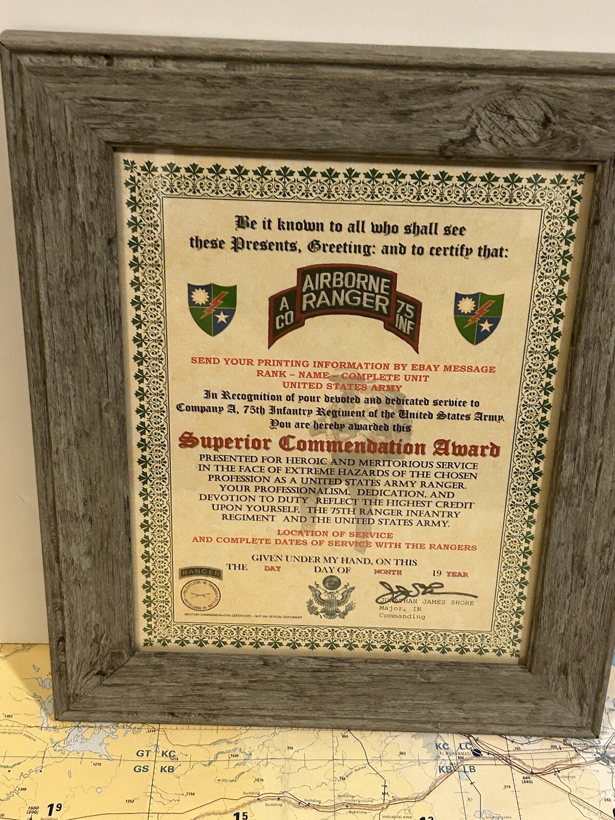 U.S. ARMY - 75TH RANGER / A CO - SUPERIOR COMMENDATION AWARD CERTIFICATE