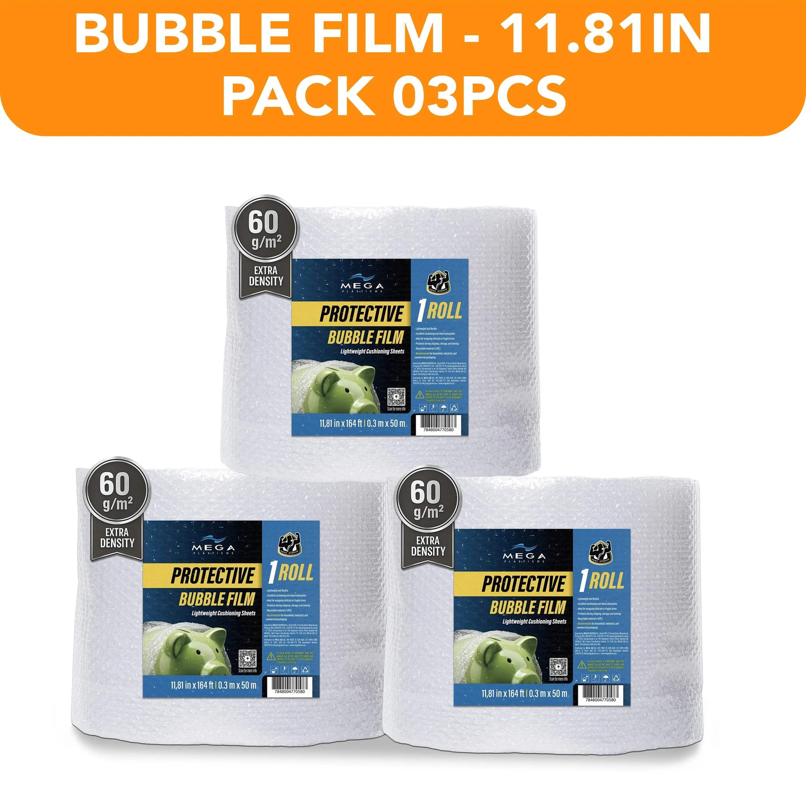 Bubble Cushioning Wrap 3 Rolls 11.81 in x 164 ft Each Roll Clear Film