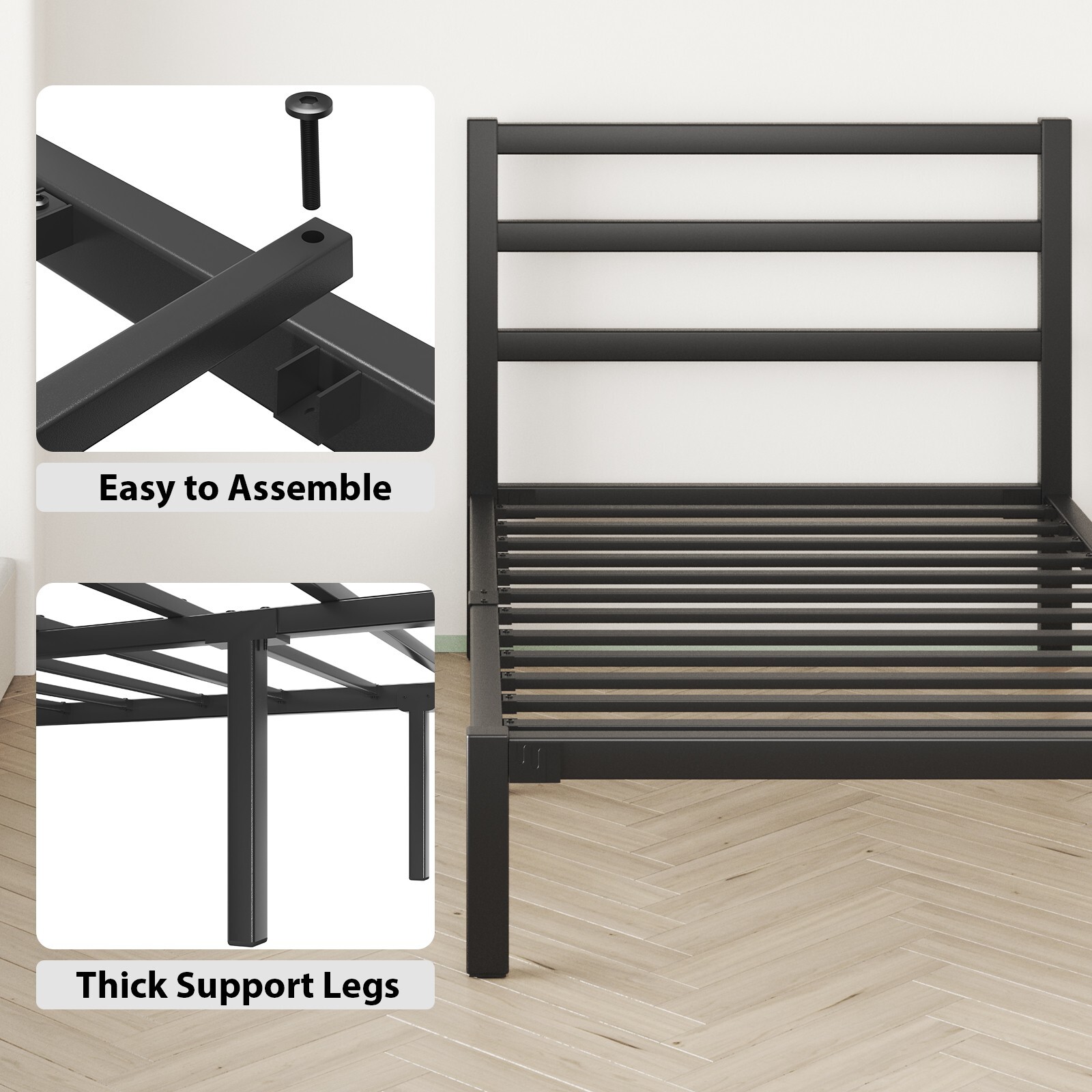 Twin Size Bed Frame with Headboard Strong Metal Slats Support