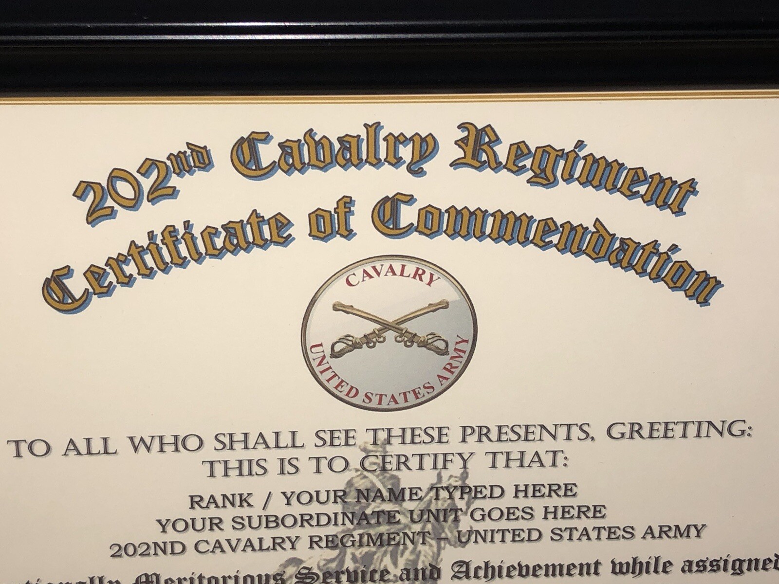202ND U.S. CAVALRY REGIMENT / COMMEMORATIVE - CERTIFICATE OF COMMENDATION