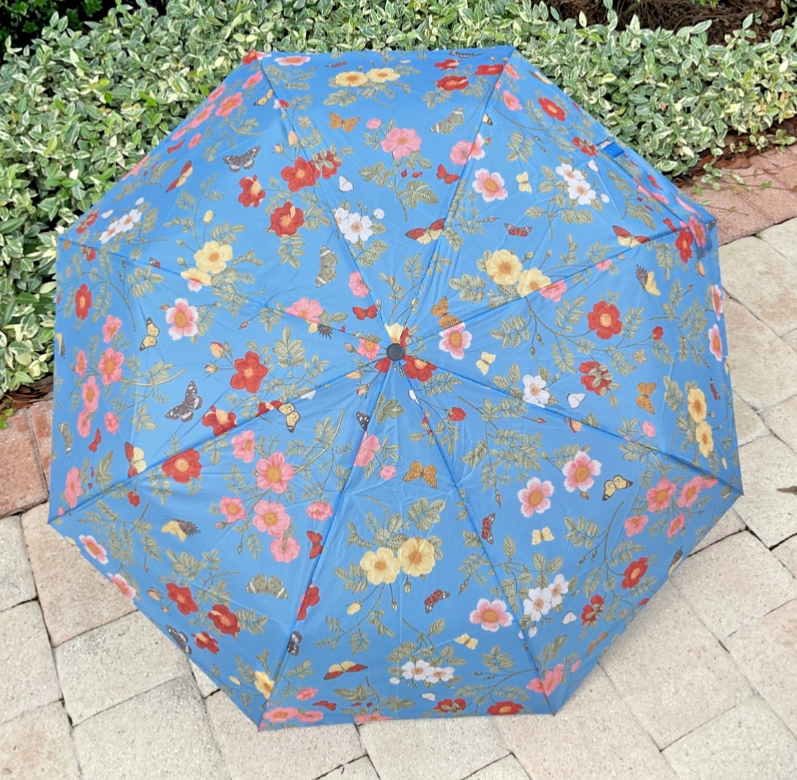 RAINY SKIES UMBRELLA BLUE AUTO OPEN CLOSE  FLORAL BUTTERFLIES 40 INCH CANOPY NWT