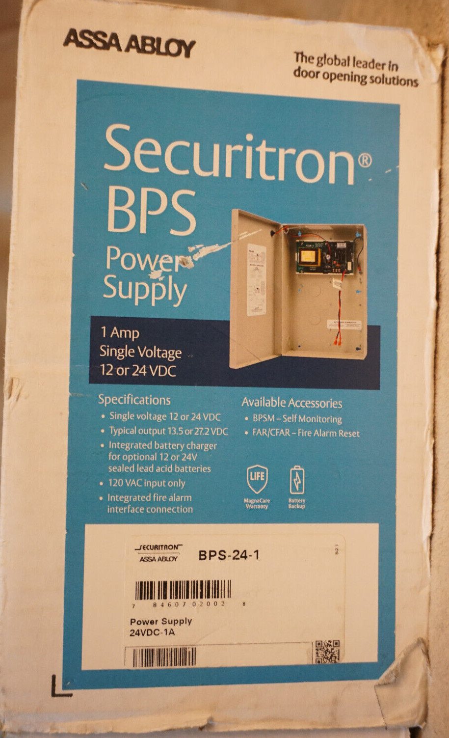 SECURITRON BPS-24-1 BOXED METAL POWER SUPPLY 24VDC, 1AMP ASSA