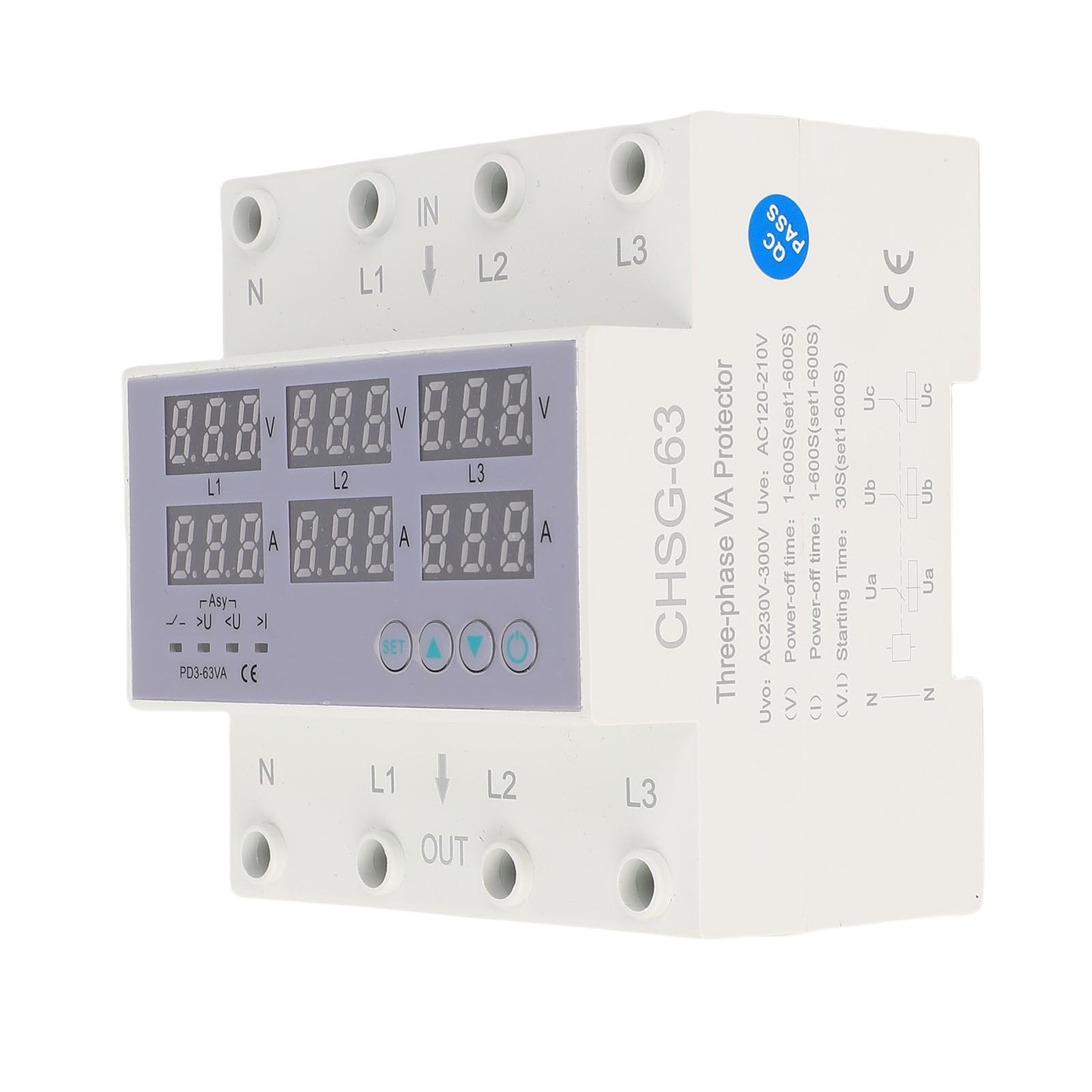 63A 3 Phase DIN Rail Voltmeter Ammeter Auto Overvoltage Overcurrent Protector AC